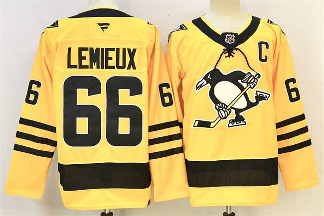 Men's Pittsburgh Penguins #66 Mario Lemieux Gold  With C Patch Alternate Stitched Hockey Jersey
