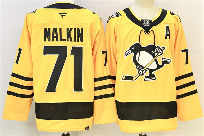 Men's Pittsburgh Penguins #71 Evgeni Malkin Gold With A Patch Alternate Stitched Hockey Jersey