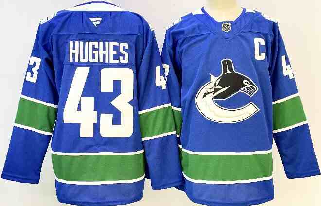 Men's Vancouver Canucks #43 Quinn Hughes Royal 2024-25 With A Patch Home Stitched Hockey Jersey