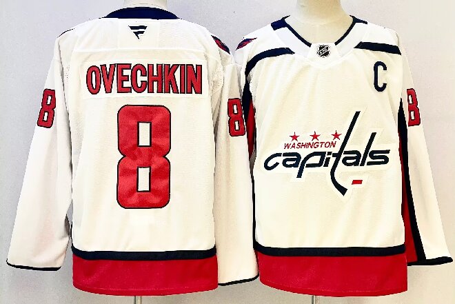 Men's Washington Capitals #8 Alexander Ovechkin White 2024-25 Away Stitched Hockey Jersey