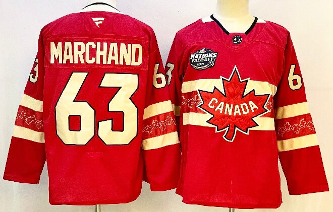 Men's Canada #63 MARCHAND Red 2025 4 Nations Face-Off Premium Stitched Jersey