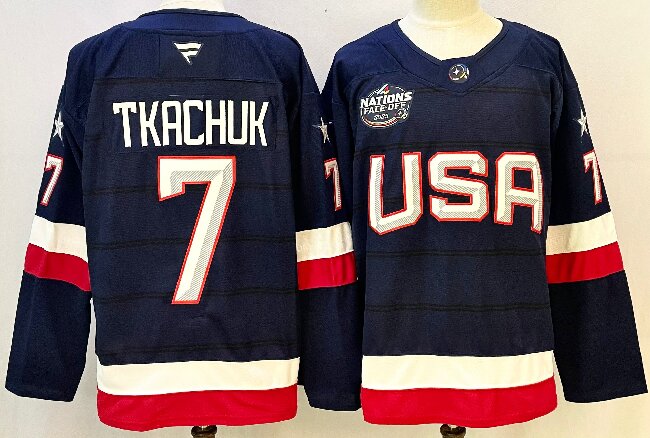 Men's USA #7 Brady Tkachuk Navy 2025 With A Patch 4 Nations Face-Off Stitched Jersey