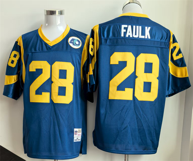Men's Los Angeles Rams #28 Marshall Faulk Royal Throwback Stitched Football Jersey