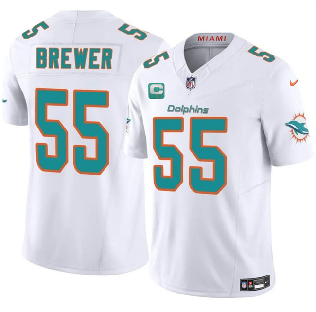 Men's Miami Dolphins #55 Aaron Brewer White 2025 F.U.S.E. With 1-Star C Patch Vapor Limited Stitched Football Jersey