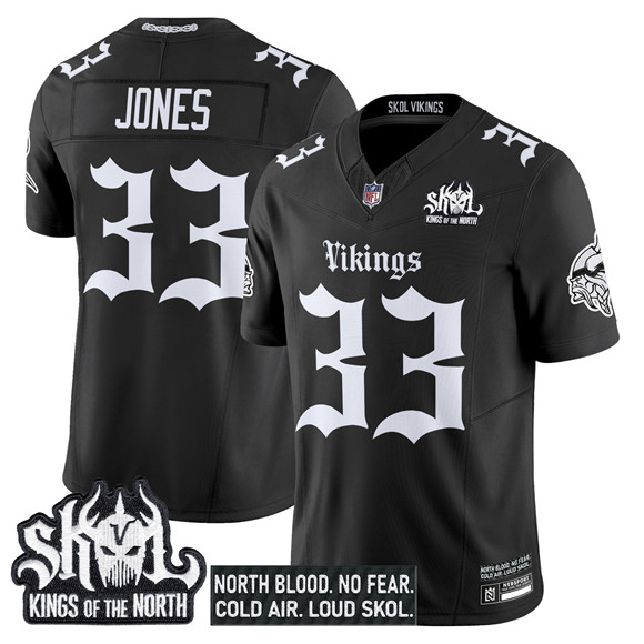Men's Minnesota Vikings #33 Aaron Jones Black 2025 F.U.S.E. Kings Of The North Patch 'Gothic Norseblood Edition' Vapor Untouchable Limited Stitched Football Jersey