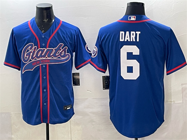Men's New York Giants #6 Jaxson Dart Royal With Patch Cool Base Stitched Baseball Jersey