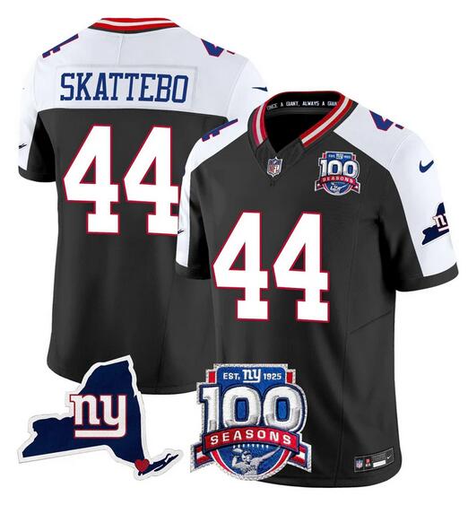 Men's New York Giants #44 Cam Skattebo Black White 2025 Draft F.U.S.E. 100th Season & State Patch Vapor Limited Stitched Football Jersey