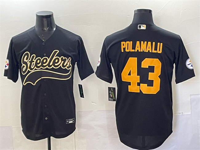 Men's Pittsburgh Steelers #43 Troy Polamalu Black Cool Base Stitched Baseball Jersey