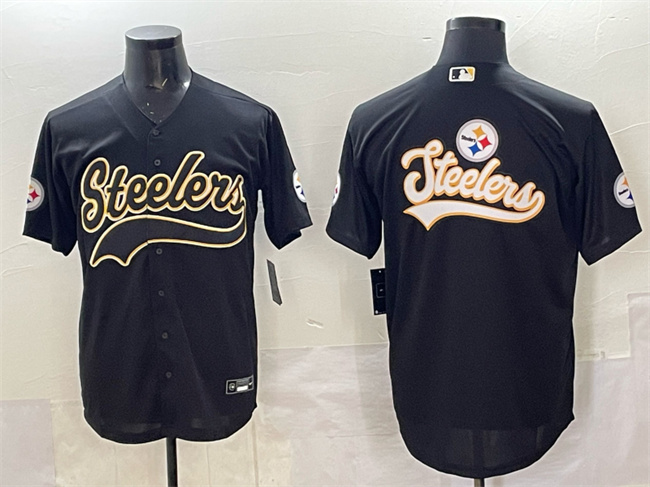 Men's Pittsburgh Steelers Team Big Logo Black Cool Base Stitched Baseball Jersey