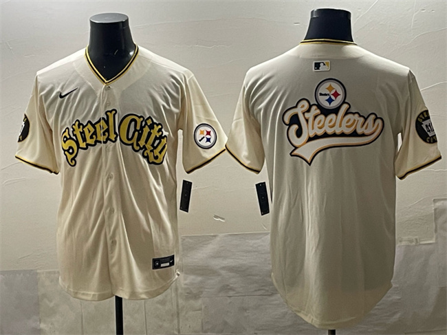 Men's Pittsburgh Steelers Team Big Logo Cream 412 Patch Vapor Premier Limited Stitched Baseball  Jersey