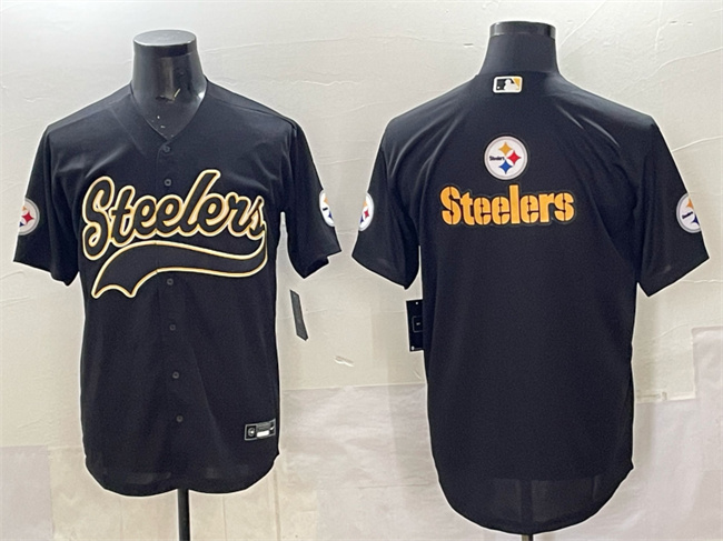 Men's Pittsburgh Steelers Team Big Logo Black Cool Base Stitched Baseball  Jersey