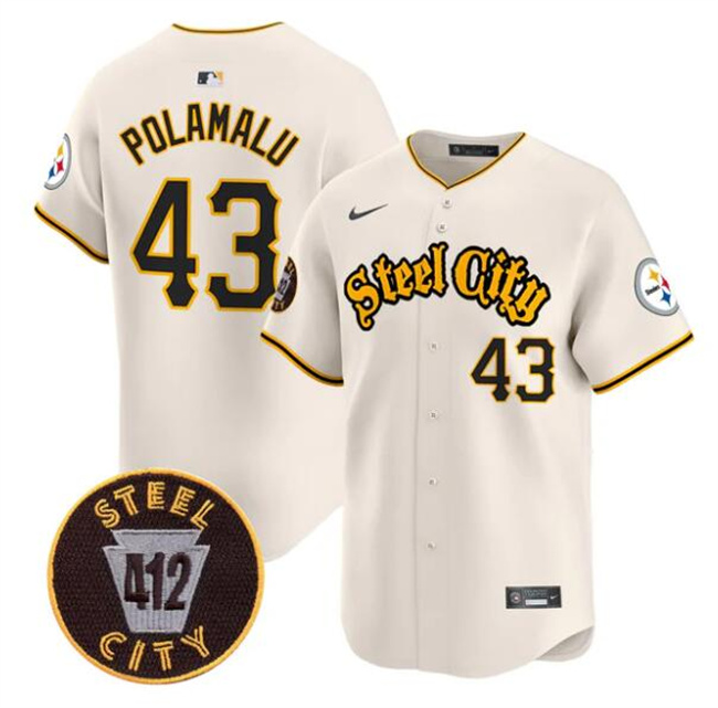 Men's Pittsburgh Steelers #43 Troy Polamalu Cream 412 Patch Vapor Premier Limited Stitched Baseball Jersey