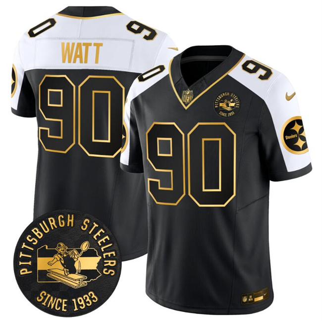 Men's Pittsburgh Steelers #90 T.J. Watt Black Gold Alternate F.U.S.E. Throwback 1933 Patch Vapor Limited Stitched Football Jersey