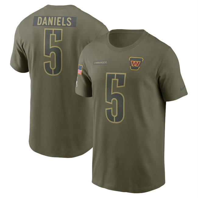 Men's Washington Commanders #5 Jayden Daniels Olive 2025 Salute To Service Name & Number T-Shirt