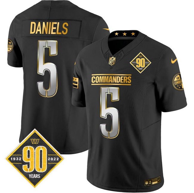 Men's Washington Commanders #5 Jayden Daniels Black Gold F.U.S.E. 90th Anniversary Vapor Limited Stitched Football Jersey