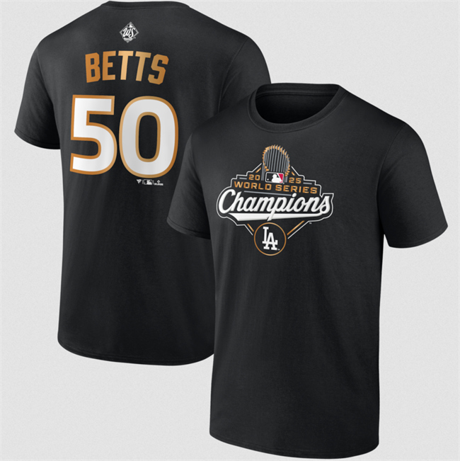 Men's Los Angeles Dodgers #50 Mookie Betts Black 2025 World Series Champions Name & Number T-Shirt