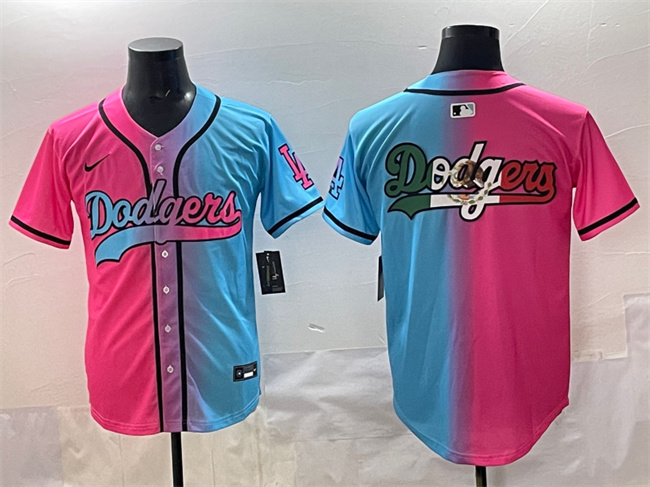 Men's Los Angeles Dodgers Team Big Logo Pink Blue Limited Stitched Baseball Jersey