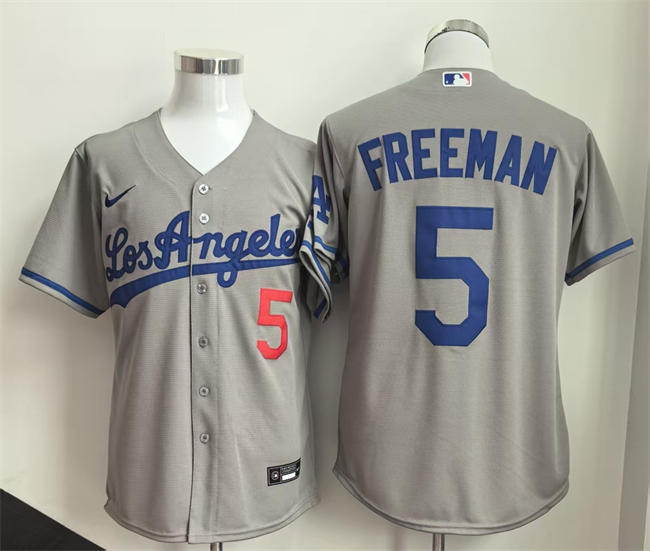 Men's Los Angeles Dodgers #5 Freddie Freeman Grey Cool Base Stitched Baseball Jersey