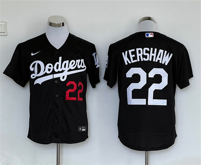 Men's Los Angeles Dodgers #22 Clayton Kershaw Black Cool Base Stitched Baseball Jersey