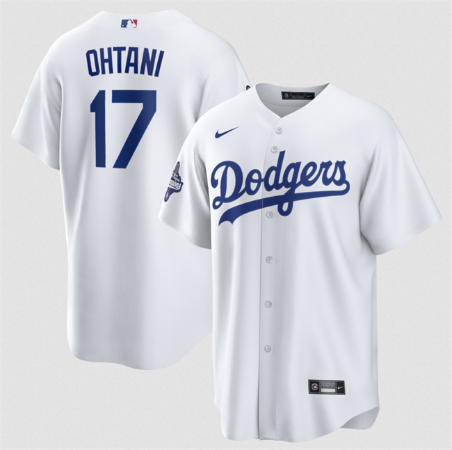 Men's Los Angeles Dodgers #17 Shohei Ohtani White 2025 World Series Champions Patch Cool Base Stitched Baseball Jersey