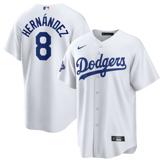 Men's Los Angeles Dodgers #8 Enrique Hernandez White 2025 World Series Champions Patch Cool Base Stitched Baseball Jersey