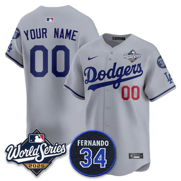 Men's Los Angeles Dodgers Active Player Custom Grey 2025 World Series With No.34 Patch Limited Stitched Baseball Jersey