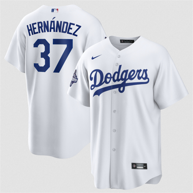 Men's Los Angeles Dodgers #37 Teoscar Hernández White 2025 World Series Champions Patch Cool Base Stitched Baseball Jersey