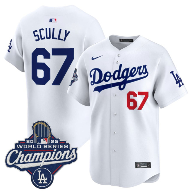 Men's Los Angeles Dodgers #67 Vin Scully White 2025 World Series Champions Patch Home Limited Stitched Baseball Jersey