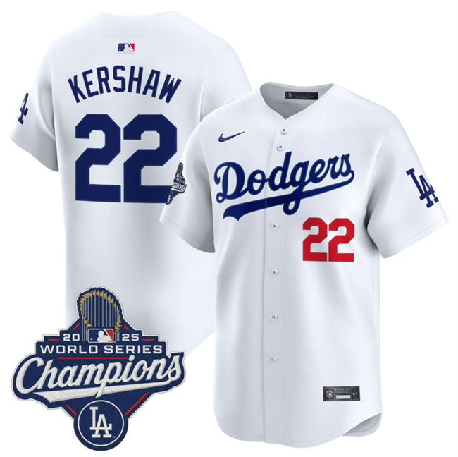 Men's Los Angeles Dodgers #22 Clayton Kershaw White 2025 World Series Champions Patch Home Limited Stitched Baseball Jersey