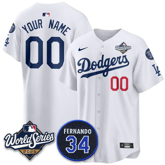 Men's Los Angeles Dodgers Active Player Custom White 2025 World Series With No.34 Patch Home Limited Stitched Baseball Jersey