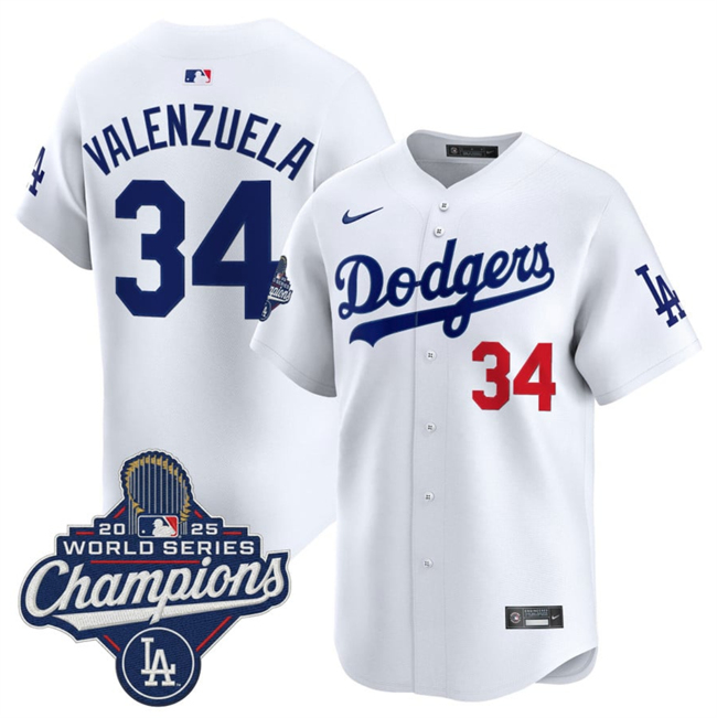 Men's Los Angeles Dodgers #34 Fernando Valenzuela White 2025 World Series Champions Patch Home Limited Stitched Baseball Jersey