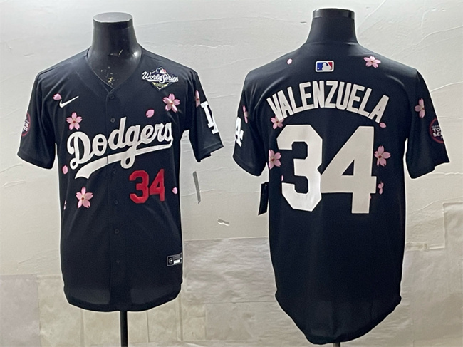 Men's Los Angeles Dodgers #34 Fernando Valenzuela Black 2025 World Series Patch Tokyo Series Limited Stitched Baseball Jersey