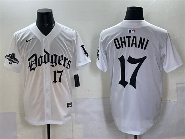Men's Los Angeles Dodgers #17 Shohei Ohtani White 2025 LA Gothic Style With 2024 World Series Champions Patch Vapor Premier Limited Stitched Baseball Jersey