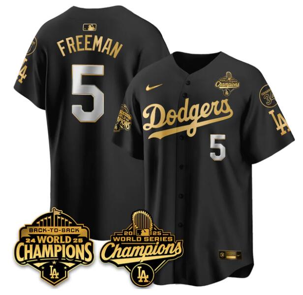 Men's Los Angeles Dodgers #5 Freddie Freeman Black Gold 2025 World Series Champions Back To Back With No.34 Patch Limited Stitched Baseball Jersey