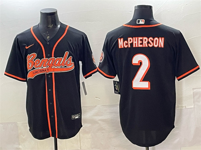 Men's Cincinnati Bengals #2 Evan McPherson Black With Patch Cool Base Stitched Baseball Jersey
