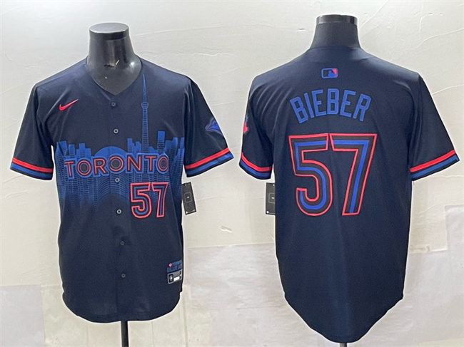 Men's Toronto Blue Jays #57 Shane Bieber Navy 2024 City Connect Limited Stitched Baseball Jersey