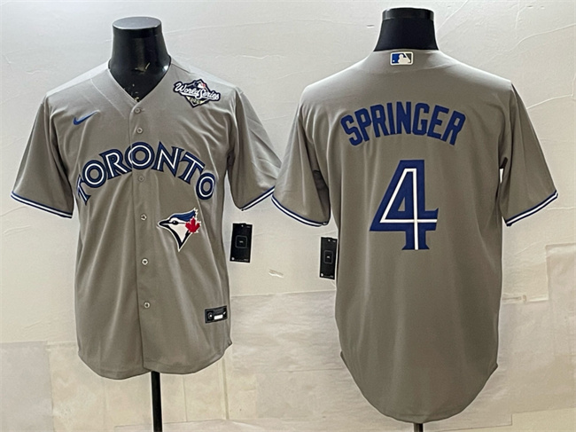 Men's Toronto Blue Jays #4 George Springer Grey 2025 World Series Cool Base Stitched Baseball Jersey