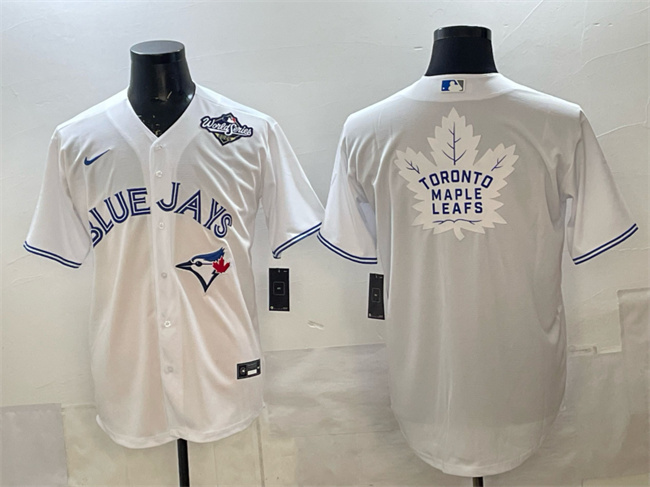 Men's Toronto Blue Jays & Leafs White 2025 World Series With White Leafs Logo Cool Base Stitched Baseball Jersey