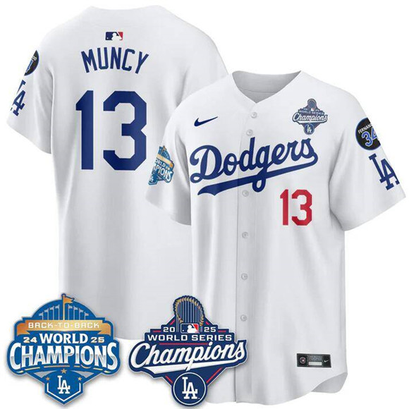 Men's Los Angeles Dodgers #13 Max Muncy White 2025 World Series Champions & Back To Back Champions With No.34 Patch Limited Stitched Baseball Jersey