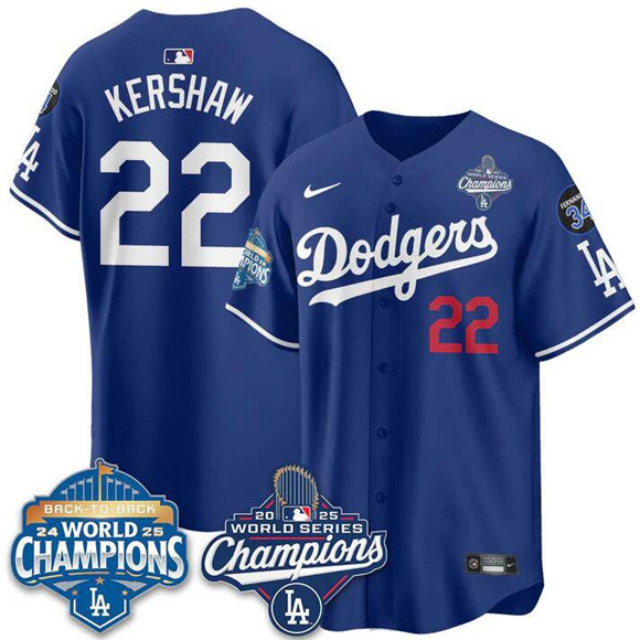 Men's Los Angeles Dodgers #22 Clayton Kershaw Royal 2025 World Series Champions & Back To Back Champions With No.34 Patch Limited Stitched Baseball Jersey