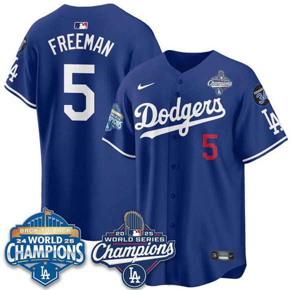 Men's Los Angeles Dodgers #5 Freddie Freeman Royal 2025 World Series Champions & Back To Back Champions With No.34 Patch Limited Stitched Baseball Jersey