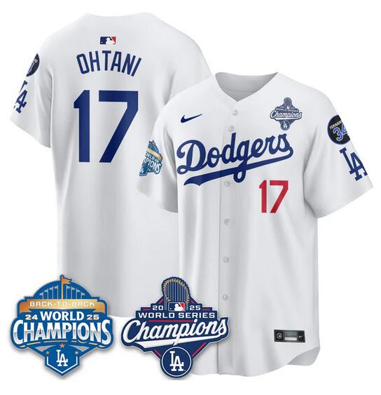 Men's Los Angeles Dodgers #17 Shohei Ohtani White 2025 World Series Champions & Back To Back Champions With No.34 Patch Limited Stitched Baseball Jersey