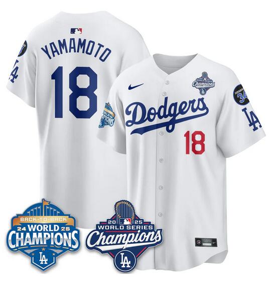 Men's Los Angeles Dodgers #18 Yoshinobu Yamamoto White 2025 World Series Champions & Back To Back Champions With No.34 Patch Limited Stitched Baseball Jersey