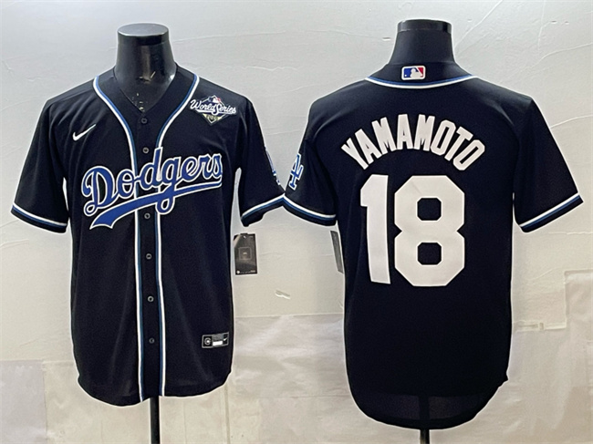 en's Los Angeles Dodgers #18 Yoshinobu Yamamoto Black 2025 World Series Cool Base Stitched Baseball Jersey