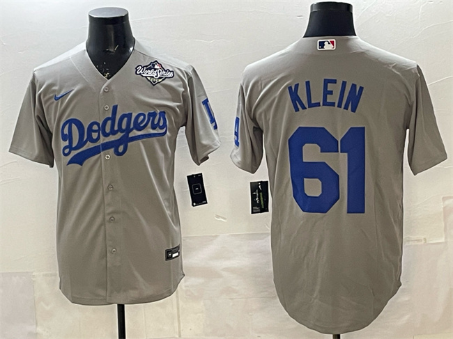 Men's Los Angeles Dodgers #61 Will Klein Grey 2025 World Series Patch Cool Base Stitched Baseball Jersey