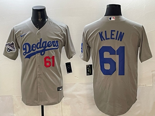 Men's Los Angeles Dodgers #61 Will Klein Grey 2025 World Series Champions Patch Cool Base Stitched Baseball Jersey