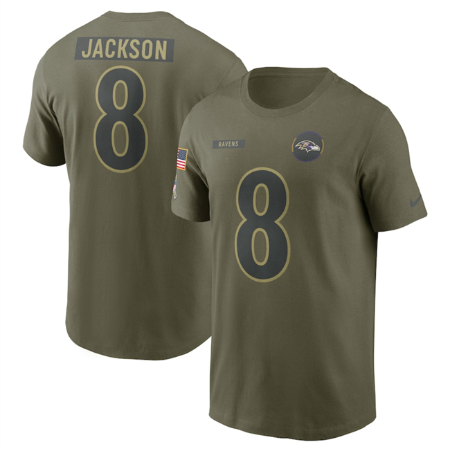 Men's Baltimore Ravens #8 Lamar Jackson Olive 2025 Salute To Service Name & Number T-Shirt