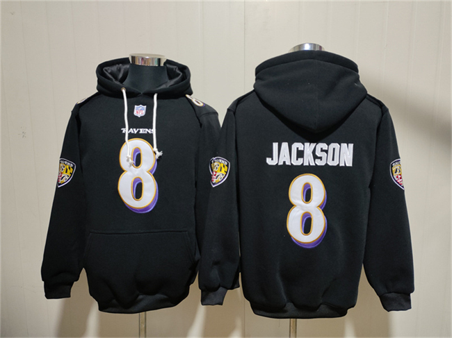 Men's Baltimore Ravens #8 Lamar Jackson Black Pullover Hoodie