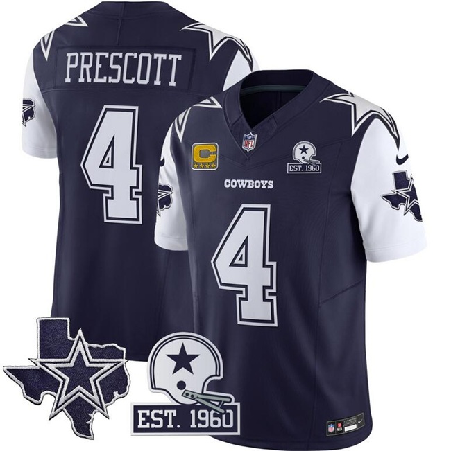 Men's Dallas Cowboys #4 Dak Prescott Navy F.U.S.E. With Established In 1960 Patch And 4-Star C Patch Throwback Texas Patch Stitched Football Jersey