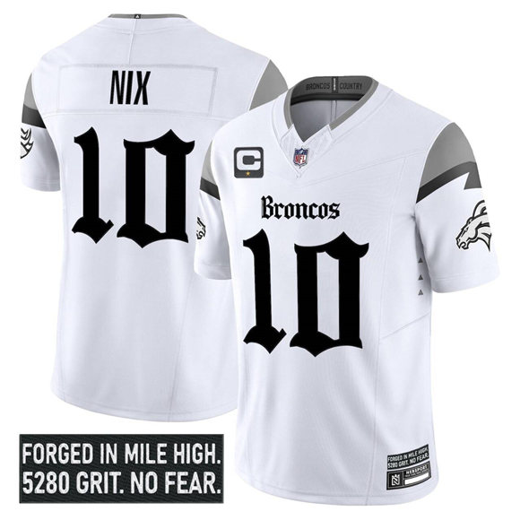 Men's Denver Broncos #10 Bo Nix White 2025 F.U.S.E. With 1-Star C Patch 'Gothic Mile High Shadows Edition' Vapor Limited Stitched Football Jersey